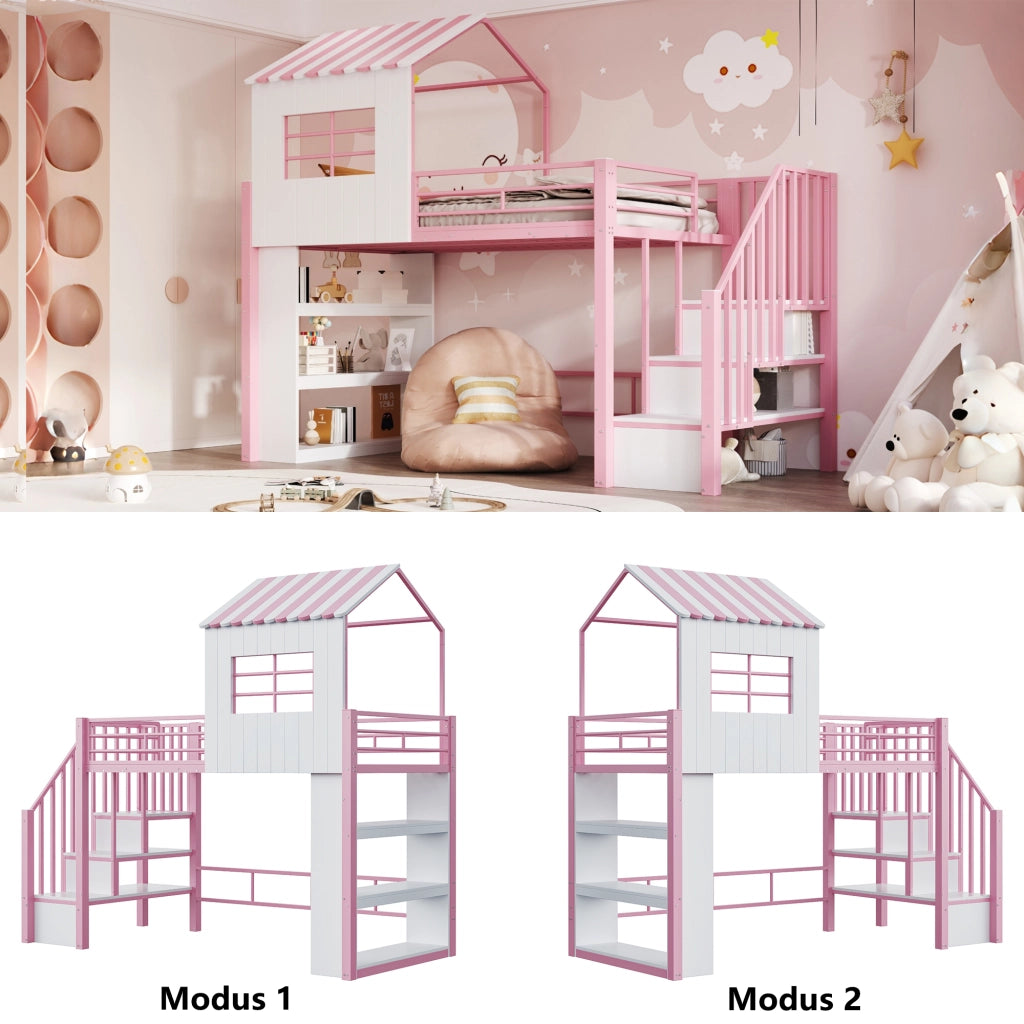 Letto in ferro 90×200 cm rosa design della casa corrimano alto mensole scala montabile su entrambi i lati