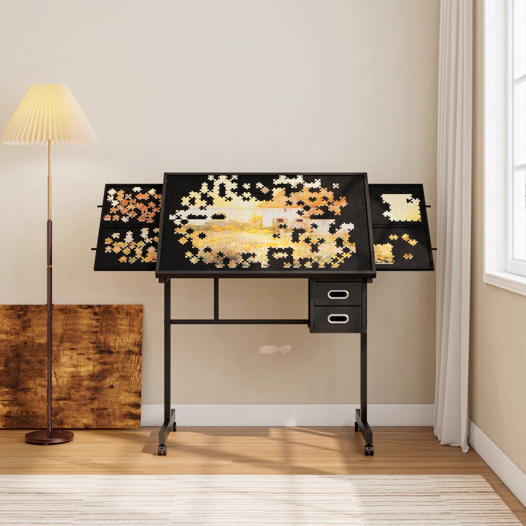 Tavolo per puzzle con 4 cassetti in feltro, coperchio in legno, ruote con freno, per casa, in MDF e metallo, nero