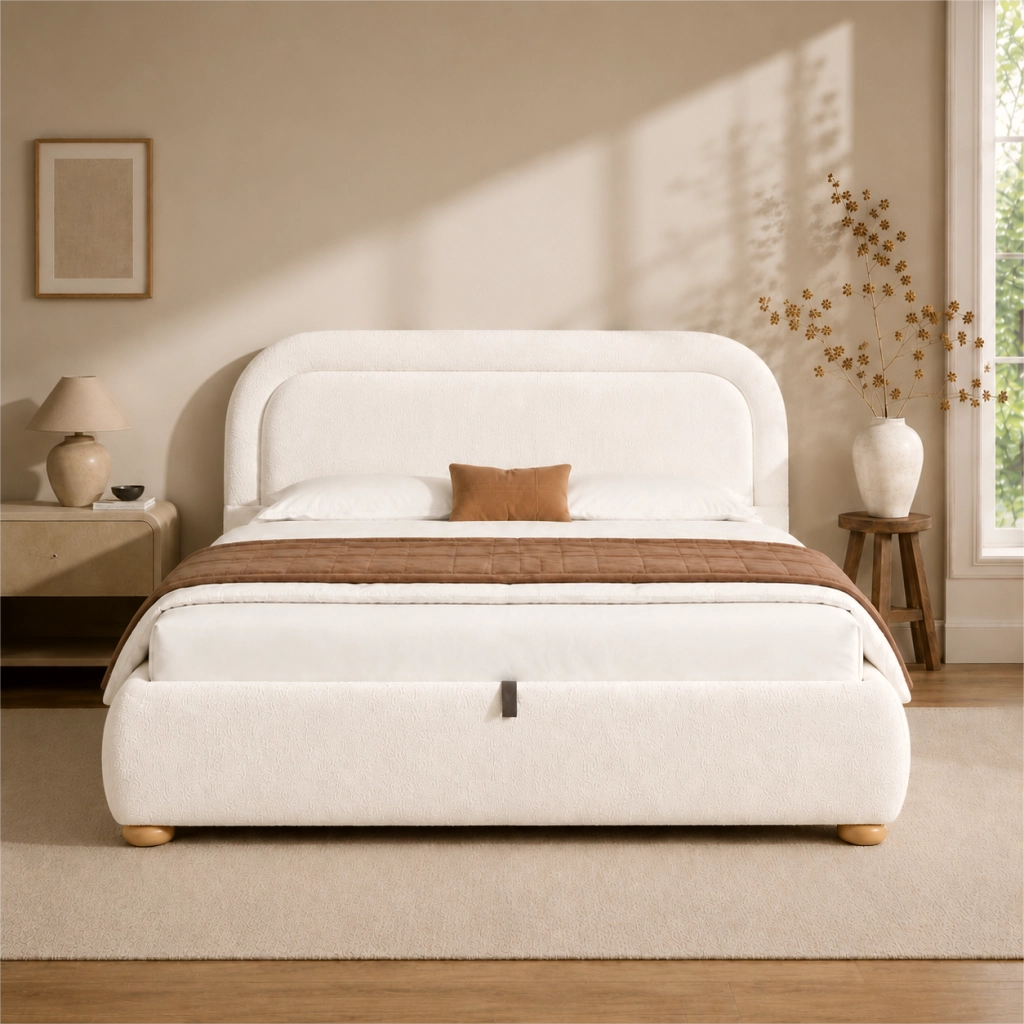 Letto contenitore imbottito 160x200 cm con sollevamento idraulico; rete a doghe; rivestimento bouclé; beige