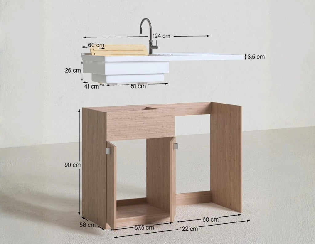 Mobile coprilavatrice Pulsa Dx - Con 2 anta e lavatoio - Contenitore salvaspazio per bagno e lavanderia - Lavatrice non inclusa - Bianco - 124x93x60 cm_