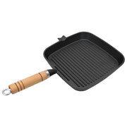 Padella Tegame Griglia in Ghisa con Manico in Legno 20x20 cm