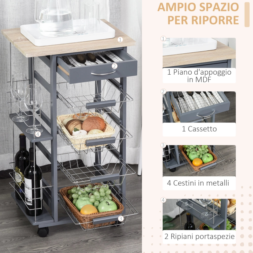 Carrello da Cucina con 1 Cassetto e 4 Cestelli ¨C Zephmum ¨C Grigio Scuro