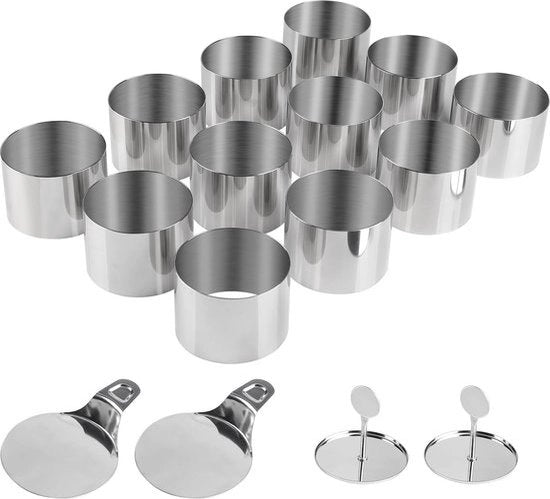 Set di 12 anelli per dessert e cibo, 7,5 cm, anelli per pasta con lifter e stamper, anello in acciaio inossidabile, anello per pasta, anelli per servire dessert, mousse, torta, risotto, cerchio