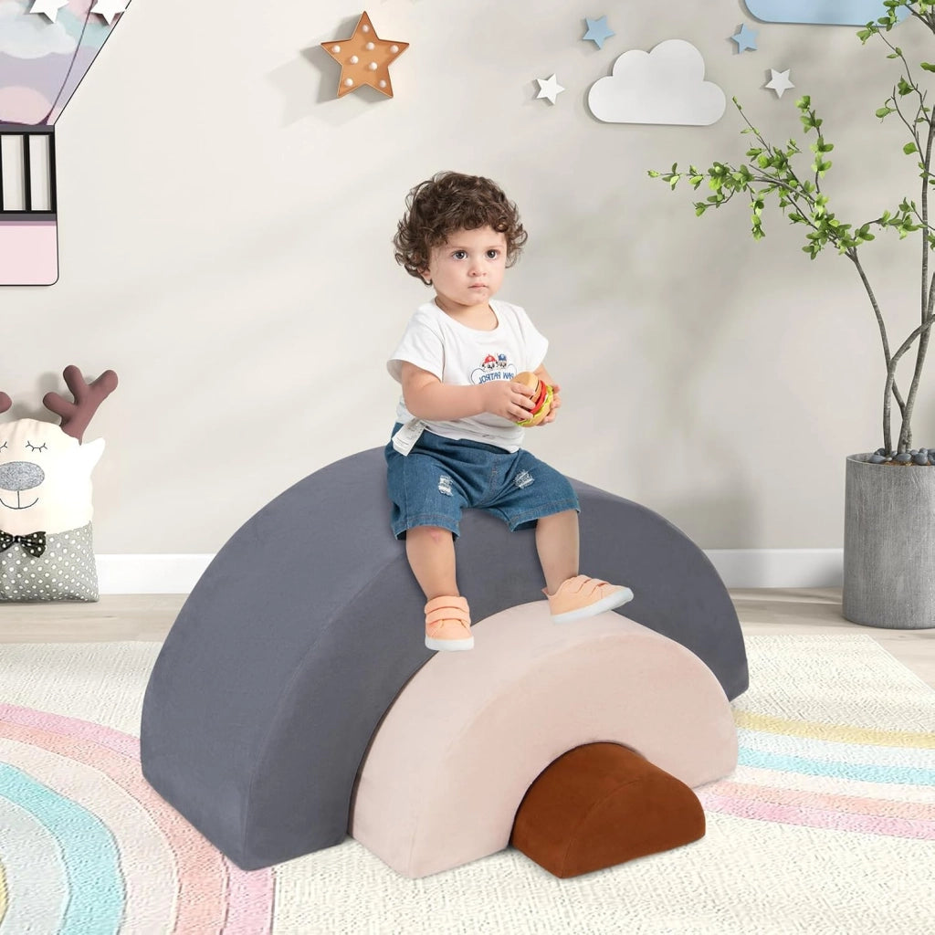 Set di 3 Pezzi Giocattoli per Arrampicata per Bambini, Tunnel Gioco in Schiuma, Divano Arcobaleno per Bambini, Area di Gioco per Stanza dei Giocattoli Camera da Letto (Grigio)