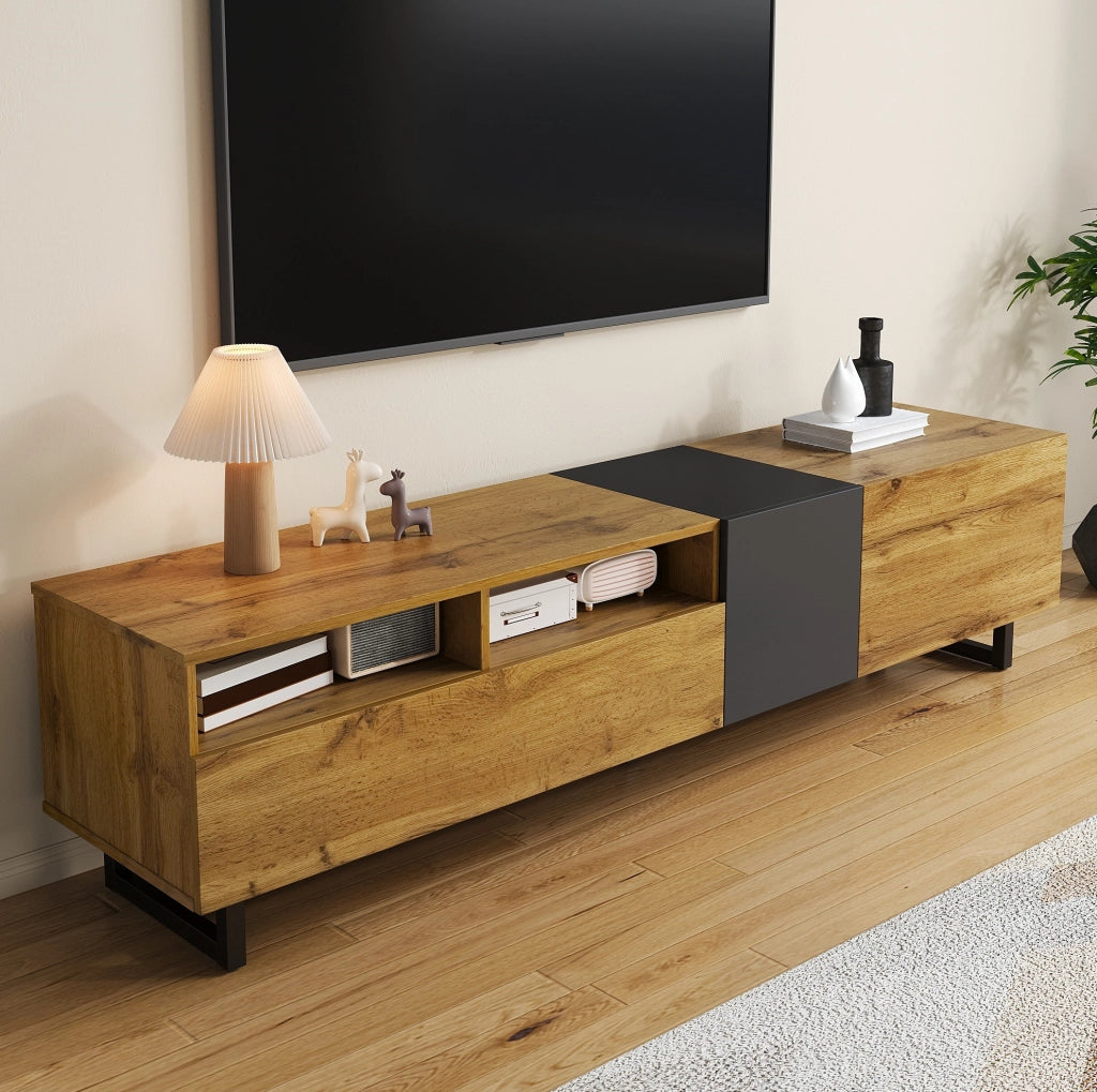 Mobile TV 170 cm in legno e grigio scuro con 3 ante e 2 vani aperti