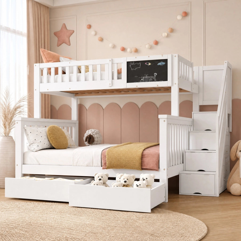 LETTO a castello per bambini 90x200/140x200 cm con lavagna e cassetti Bianco