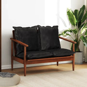 Divano 2 Posti Nero Vera Pelle e Legno Massello Acacia 340924