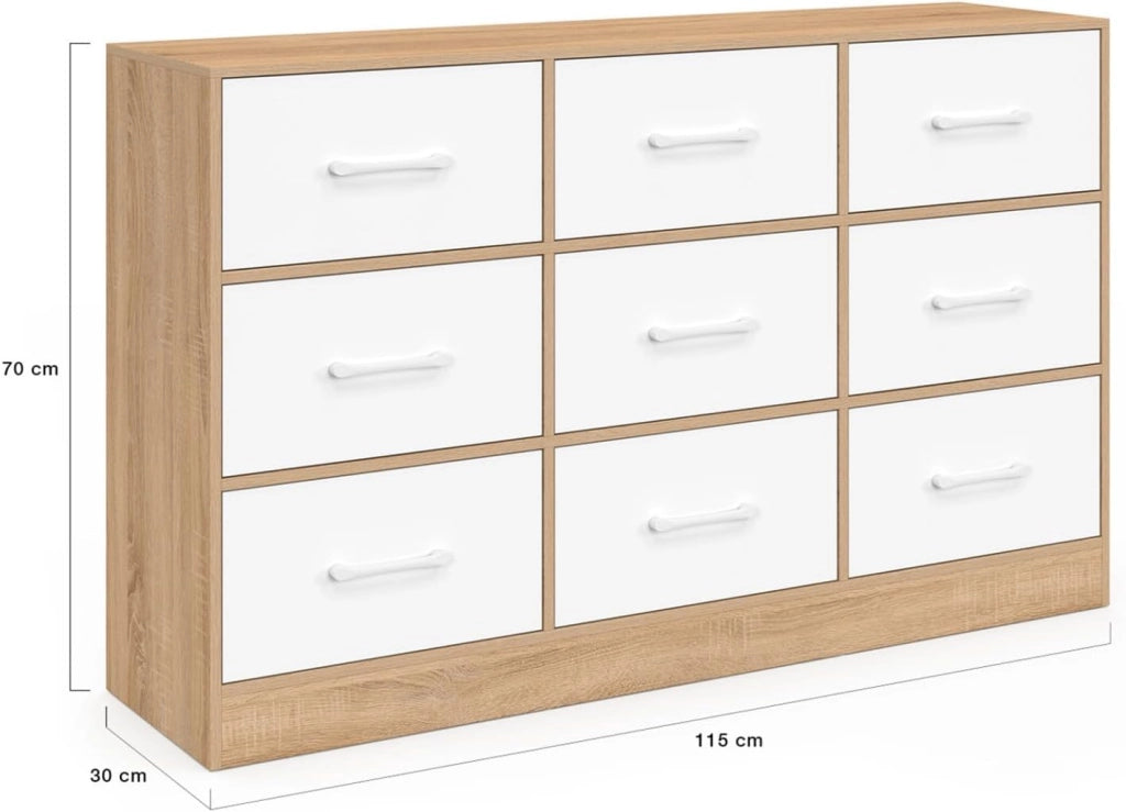 Cassettiera in tessuto a 9 cassetti UPPAH 113 cm in faggio e bianco
