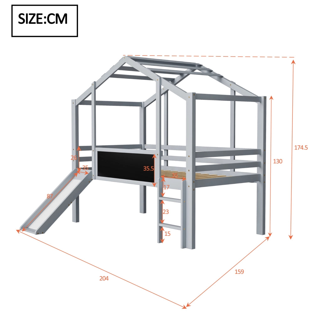 LETTO a soppalco per bambini 90 x 200 cm grigio in legno con scivolo e lavagna