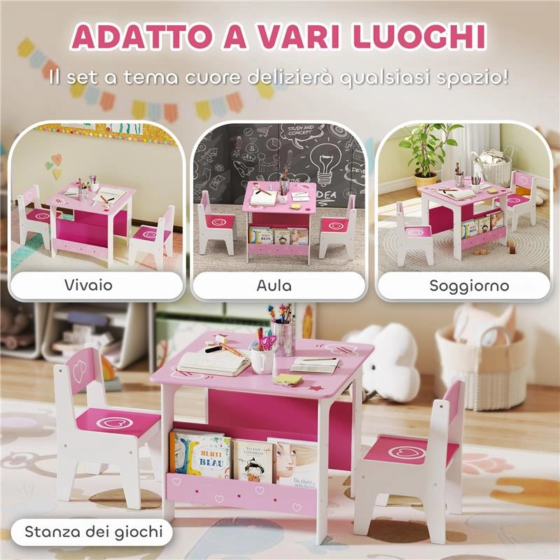 SET TAVOLO CON 2 SEDIE PER BAMBINI 3-8 ANNI, TAVOLINO CON SCAFFALE IN LEGNO MDF CON DISEGNI A CUORI, ROSA