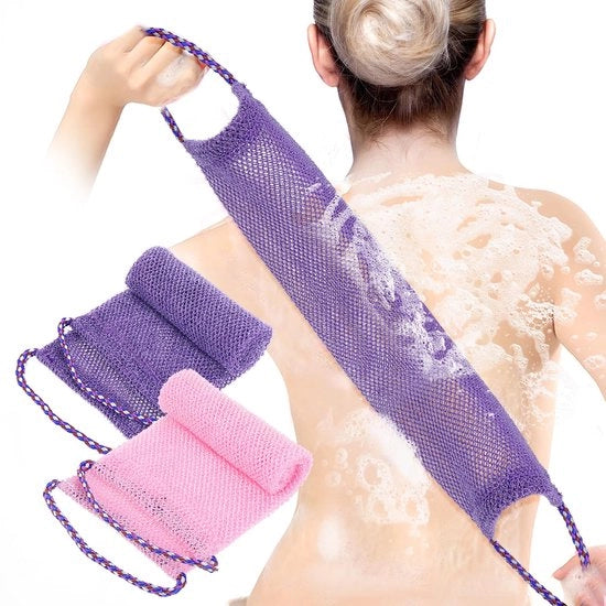 Kit esfoliante da bagno 2 pezzi, spazzola esfoliante per corpo con maniglie in nylon, 76 x 14 cm, schiuma esfoliante con cinturino elastico per donne e uomini (blu, rosa)