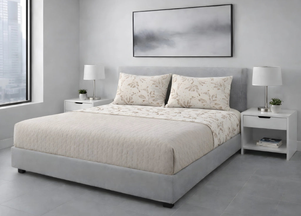 Completo Lenzuola Letto 100% Cotone Made In Italy Disegno Sambuco - Matrimoniale - Nocciola