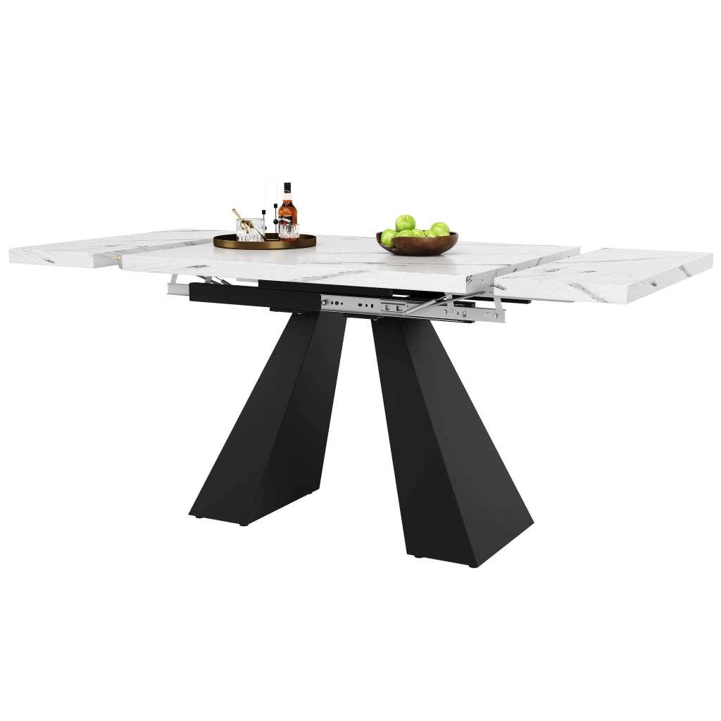 Tavolo allungabile in MDF e metallo con piano effetto marmo, per pranzo e home office, bianco nero, 99-159 × 74 × 77 cm