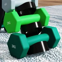 Set 6 Manubri Pesi (2x1 kg, 2x2 kg, 2x3 kg) da 12 kg con Supporto/Kettlebell, in Metallo e Plastica Multicolore