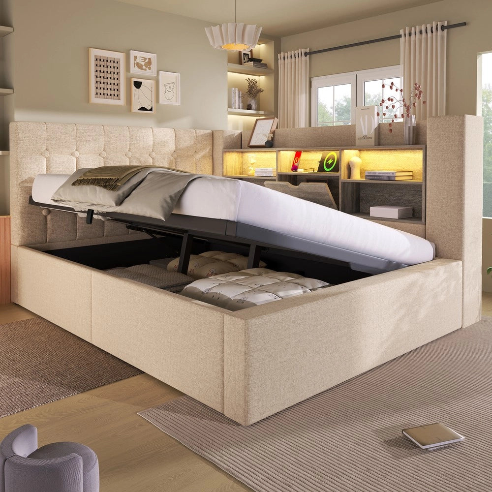 Letto Imbottito Contenitore 140x200 con LED e Testiera ¨C MINIMAL ¨C Beige, Tessuto, Idraulico