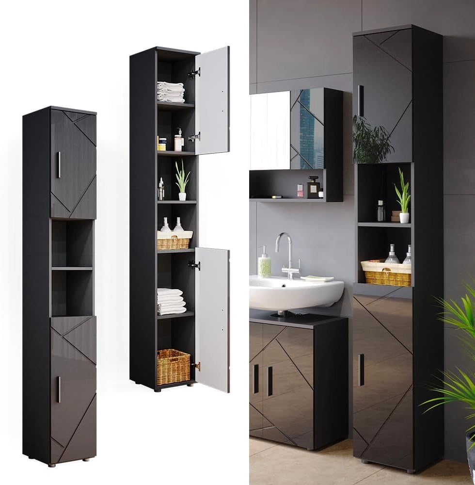 Mobile bagno alto Irma, Antracite lucido, 30 x 192 cm, per la conservazione di accessori da bagno e compatibile con la serie Irma