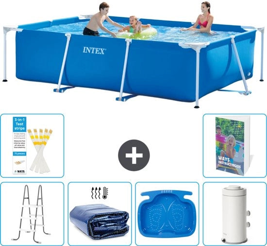 Piscina Reclinabile a Forma di Rettangolo - 300 x 200 x 75 cm - Blu - Inclusa Scala - Ombrellone Solare - Area Peduzzi - Pompafiltro per Piscina - 7 pezzi