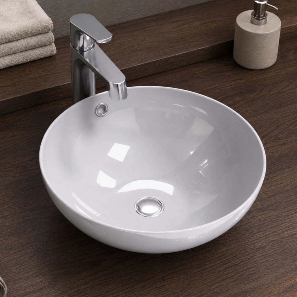 Lavabo da appoggio bianco tondo in ceramica lucida per bagno moderno per piani e mobili