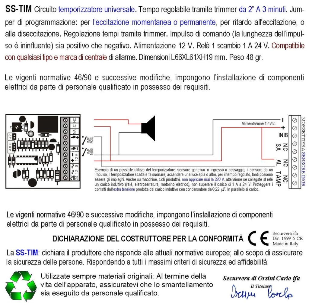 Temporizzatore Regolabile IN-OUT Tempo Uscita Relè 2 A Mono Bistabile Ritardo al Comando Oppure Ritardato Multiuso Per Sirena Antifurto Ciclo Lavorazione Lavaggio Attesa Aliment. 12 Vac Assorb. 50 mA