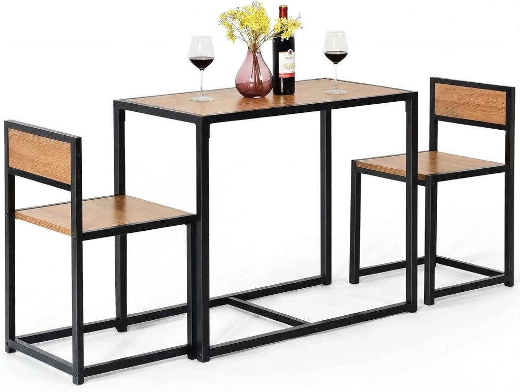 3 Pezzi Set Mobili da Pranzo, con Tavolo e 2 Sedie da Cucina, Struttura di Metallo e Legno, Rustico Elegante (Nero + Grigio)