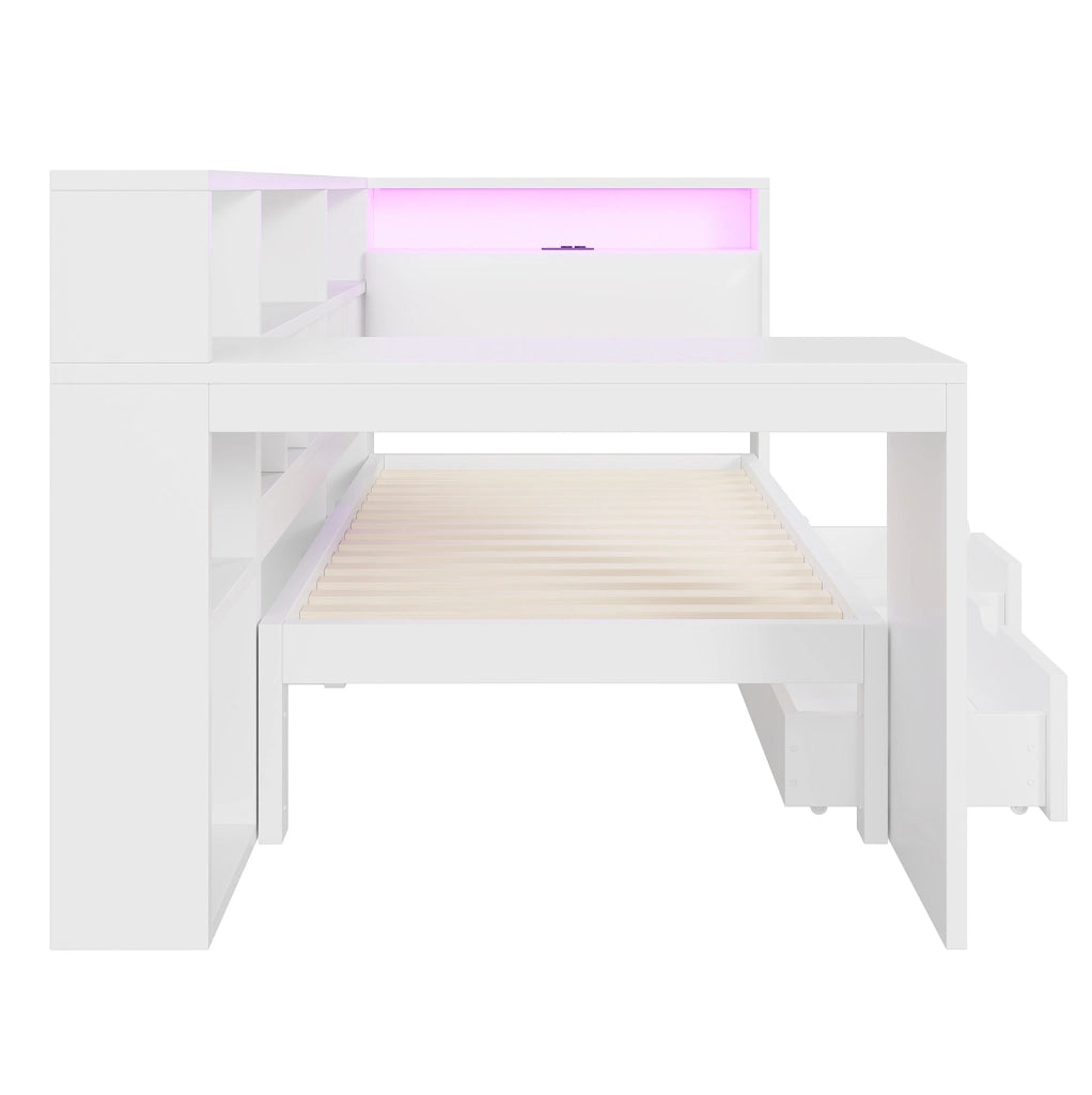 Letto a piattaforma 90x200 cm con scrivania; libreria e LED bianco