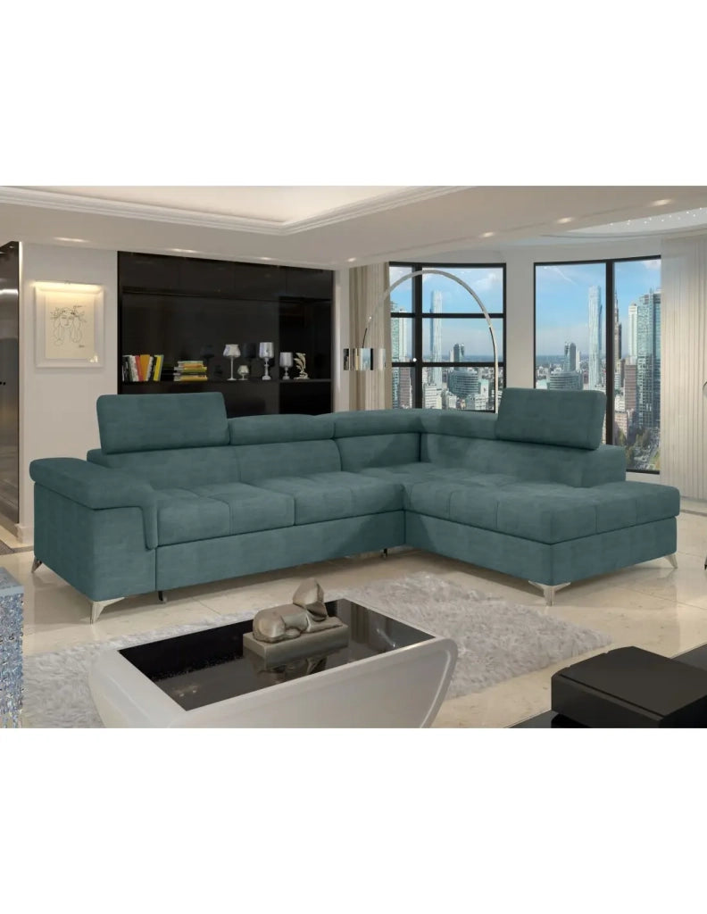 Divano angolare convertibile PALAZZO 4 posti verde blu – angolo destro con vano contenitore