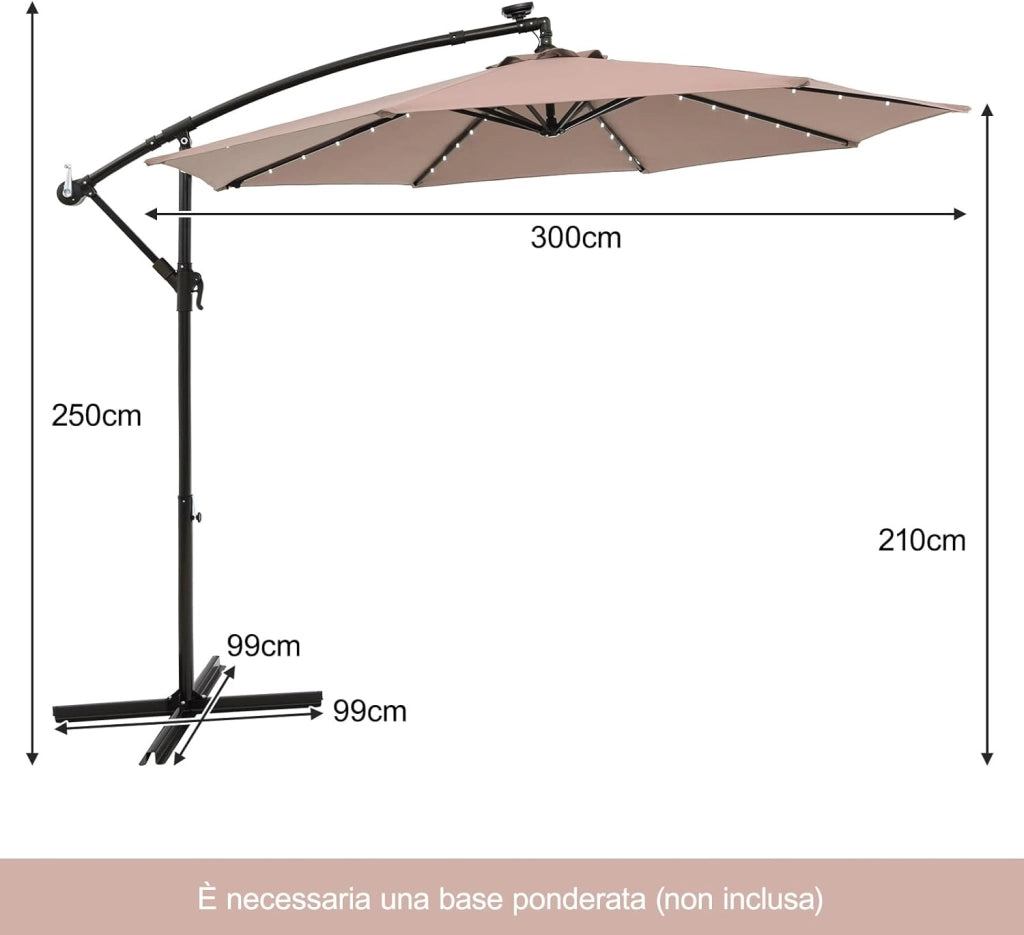 Ombrellone da Giardino 300 cm, 40 Luci LED Solari, Anti-UV, Inclinazione Regolabile, Manovella, 8 Stecche per Esterno Piscina Patio (Marrone)