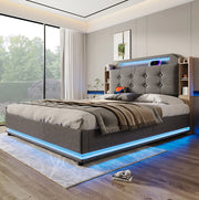 Letto matrimoniale imbottito 140x200 cm in lino grigio con LED; contenitore; USB e Type-C