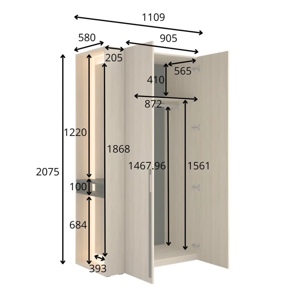 Armadio design SORIA 204 cm in quercia e nero con specchio LED, nicchia e ripiani - 2 ante a battente