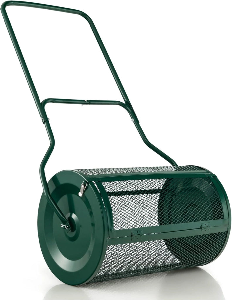 Spandiconcime da 60,5 cm, Rullo da Giardino con Impugnatura Pratica Chiusure Laterali e Rete in Metallo per Concimazione e Semina, Rullo Spandiconcime per Prato Giardino, Verde