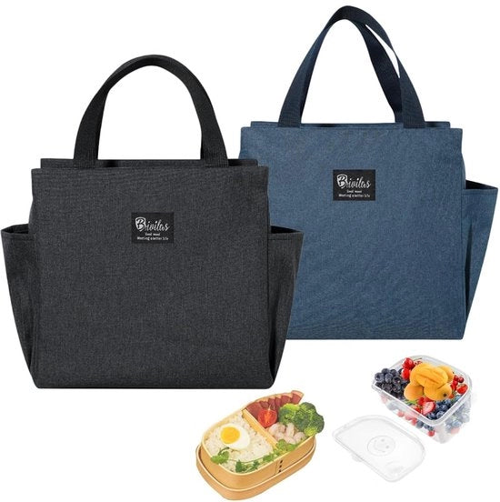 Borsa di picnic isolata, 2 pezzi, borsa di picnic geïsoleerde con tas laterali per scuola, picnic o lavoro, 25 x 14 x 25 cm, nero scuro blu.