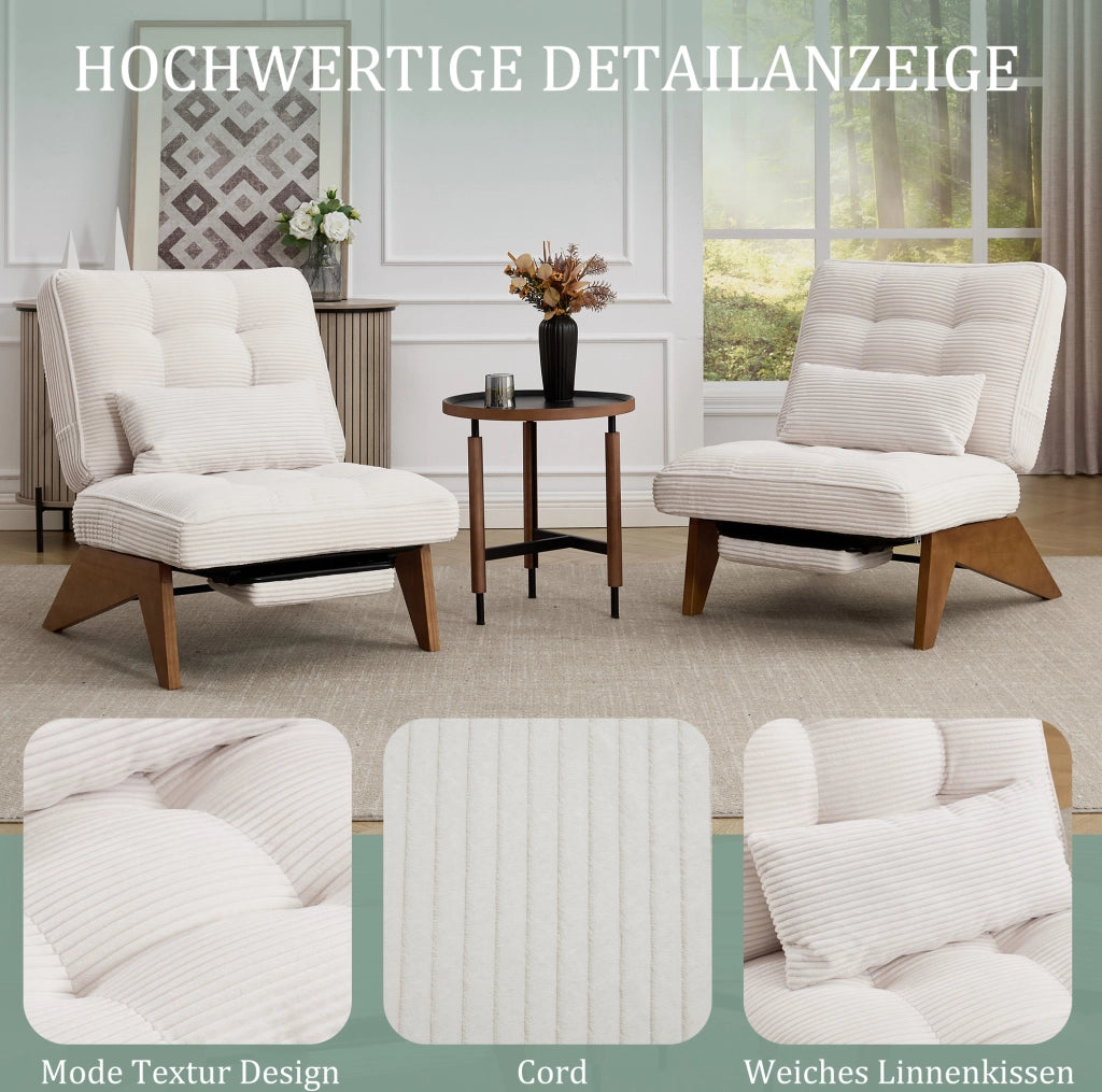 Poltrona relax reclinabile in corduroy beige con cuscino lombare e gambe in legno massello