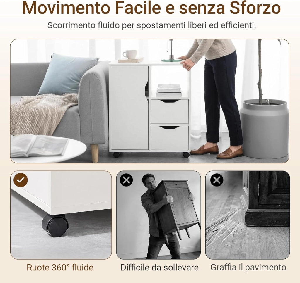 Cassettiera da Scrivania Ufficio su Ruote Cassettiera Ufficio con 2 Cassetti, 1 Anta e 1 Ripiano Aperto Carrello Tavolino Comodino Piccolo Comodino Bianco L60xP35xA70cm FBT105-W