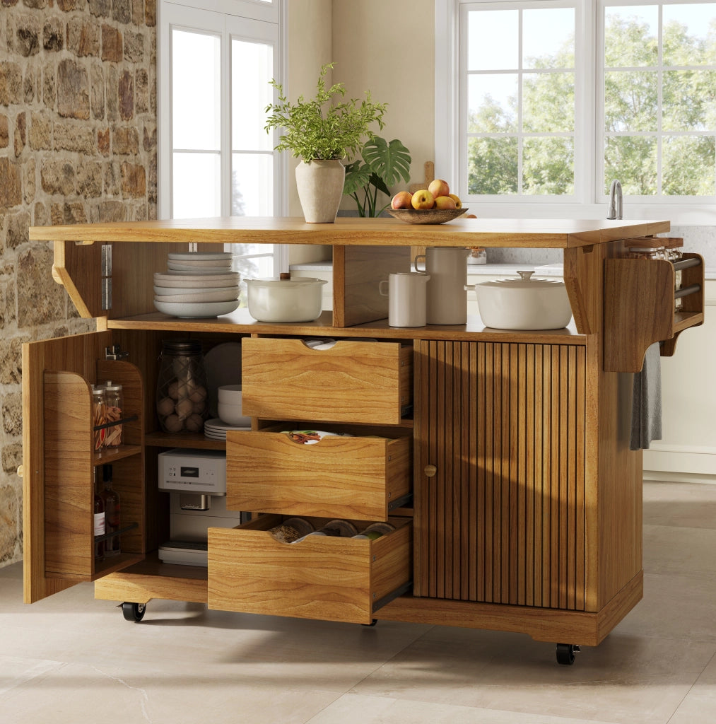 Isola cucina mobile con piani ribaltabili e 3 cassetti marrone
