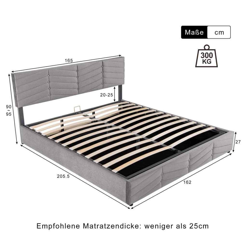 Letto matrimoniale 160x200 cm in velluto grigio con contenitore e testiera regolabile