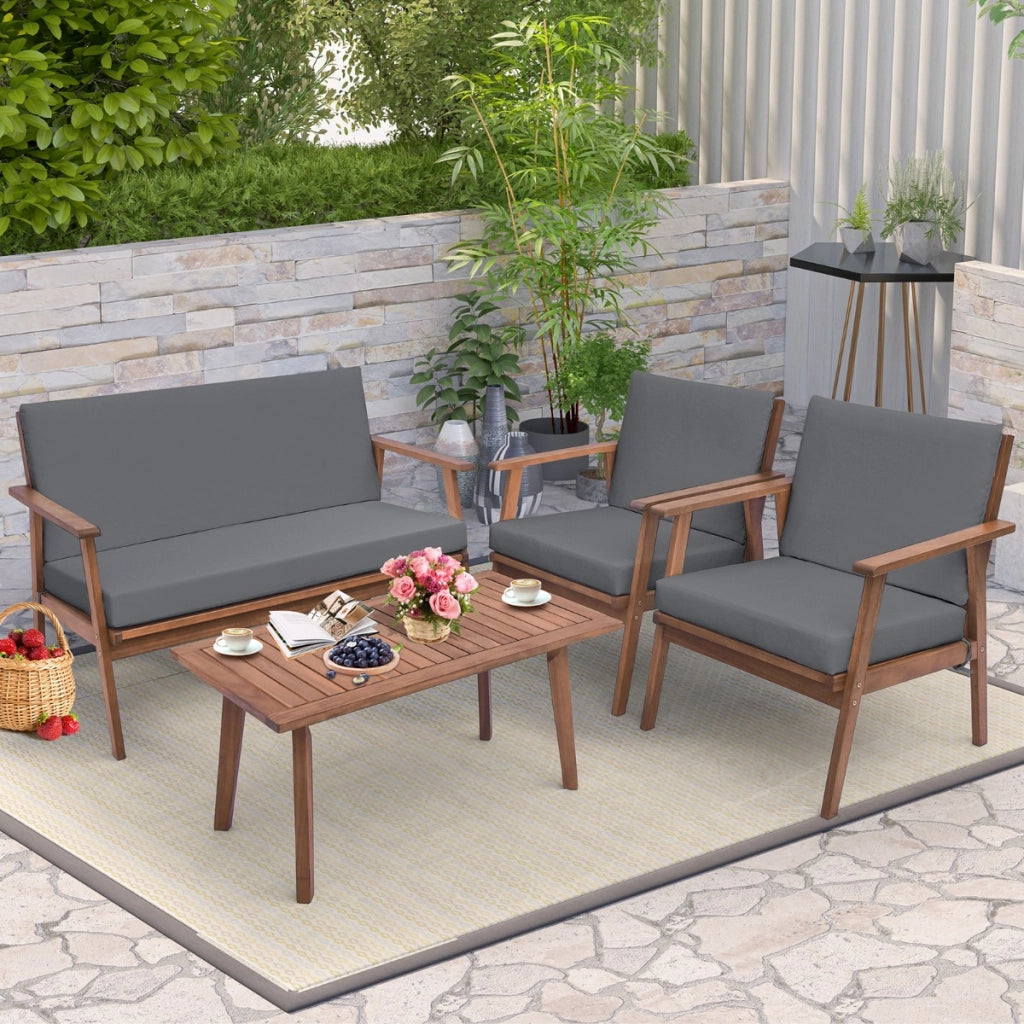 Set da divano in legno di acacia con cuscini morbidi per sedile e schienale, Set di conversazione da esterno in 4 pezzi Grigio-Set mobili da esterno