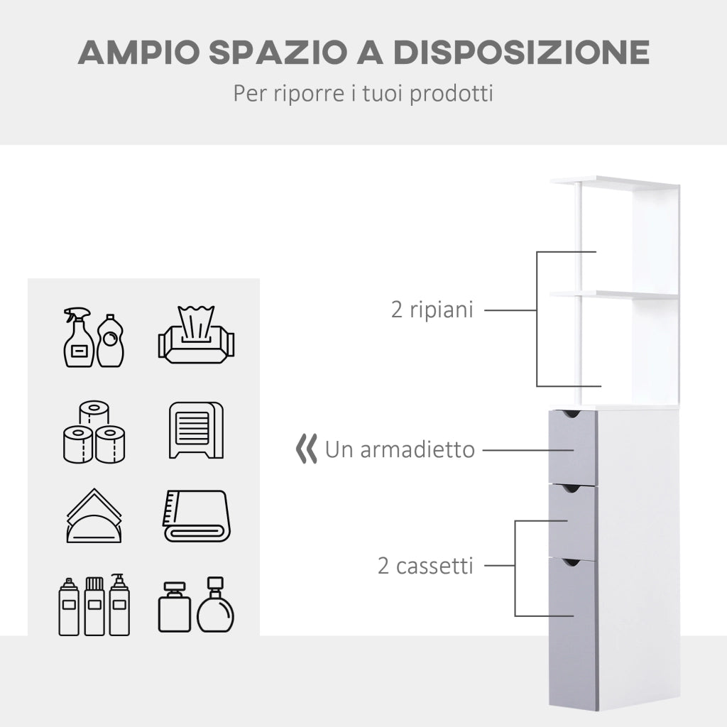 EasyComfort Colonna Bagno, Mobile Bagno Salvaspazio in Legno, Mobiletto con Armadietto, Ripiani e Cassetti, 15x33x136 cm, Grigio Chiaro