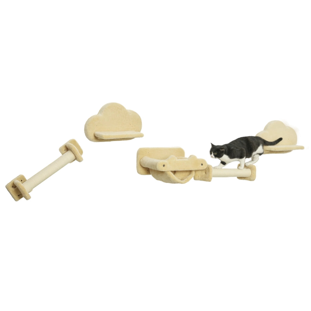 Tiragraffi per Gatti con 2 Alberi e 2 Piattaforme ¨C Zephmum ¨C 5 Pezzi in Tessuto Beige