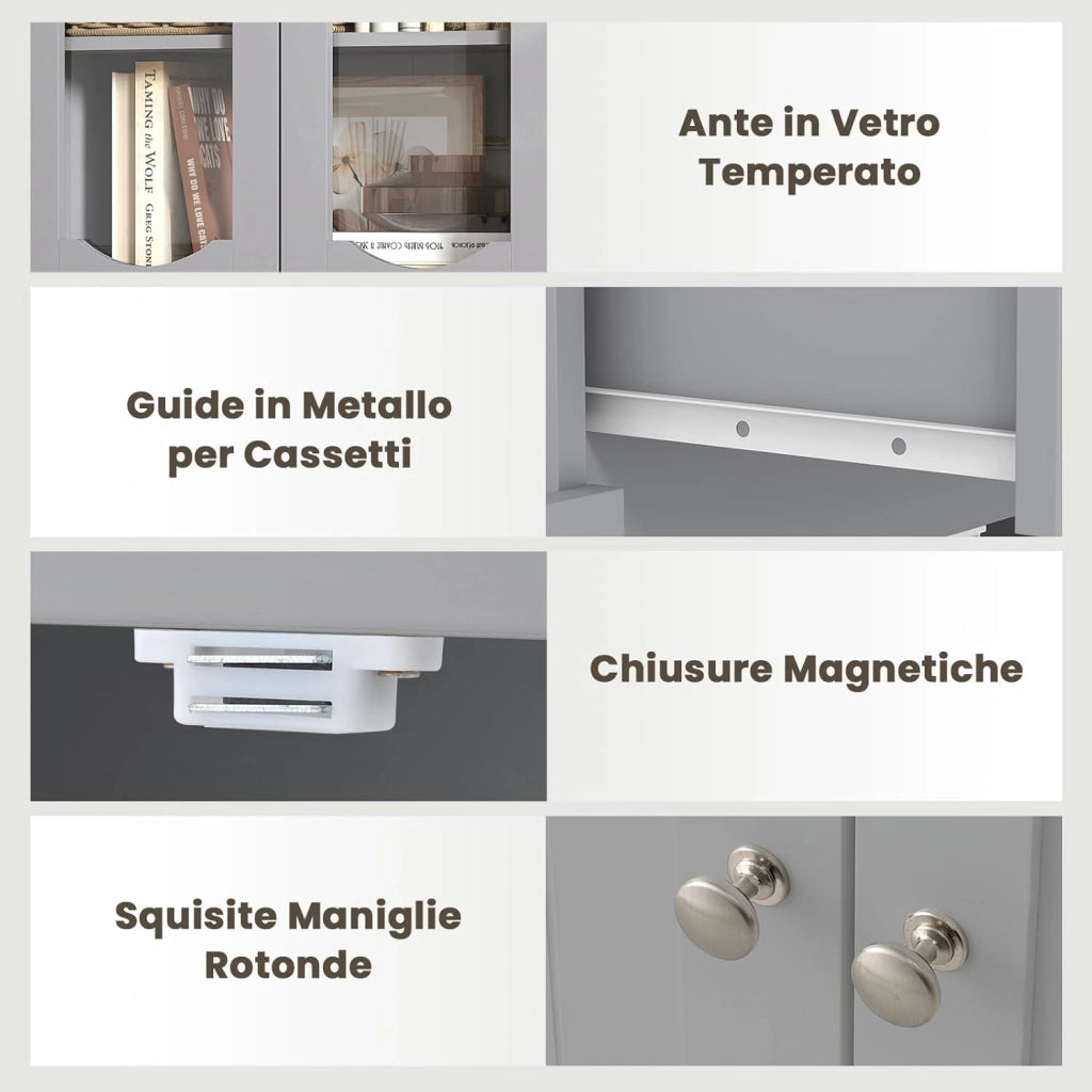 Armadietto Salvaspazio 60 x 30 x 160cm, Mobile Bagno con 2 Ripiani Regolabili, Cassetto e 2 Porte in Vetro Temprato, Armadio da Bagno per Ufficio, Soggiorno e Camera da Letto, Bianco (Grigio)