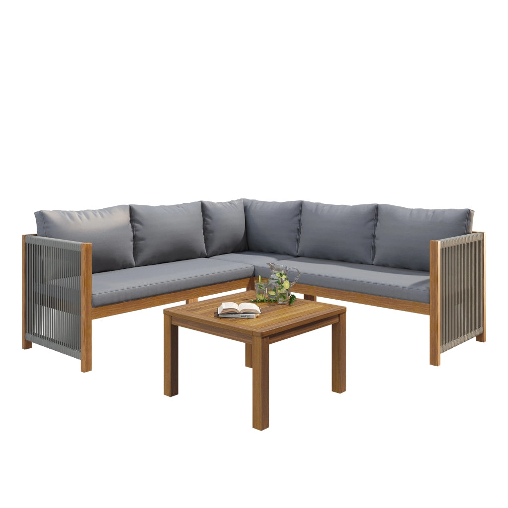 Divano Angolare con Tavolino da Caff¨¨ ¨C MINIMAL ¨C Tessuto Grigio, Legno Acacia