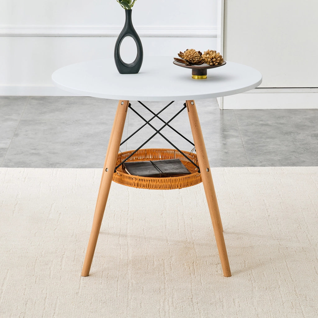 Tavolo da pranzo rotondo con cestello sospeso, 2-4 posti, in MDF e legno massiccio, per piccoli spazi, bianco, Ø 80 cm