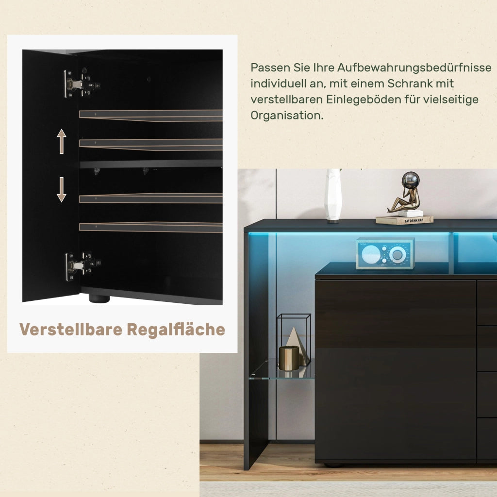 Credenza; 160x35x70 cm; con LED; elementi in vetro; finitura lucida; nero
