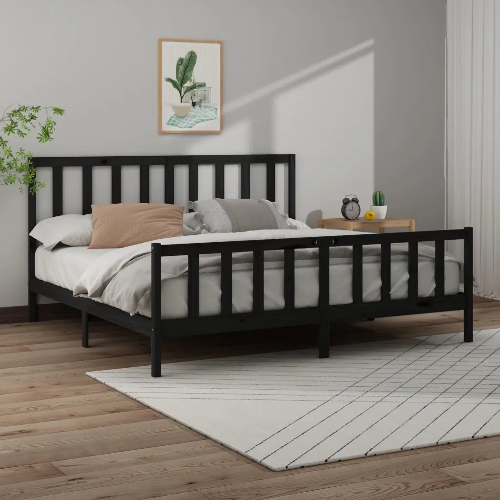 Letto matrimoniale | Letto per adulti | Giroletto Nero in Legno Massello di Pino 200x200 cm