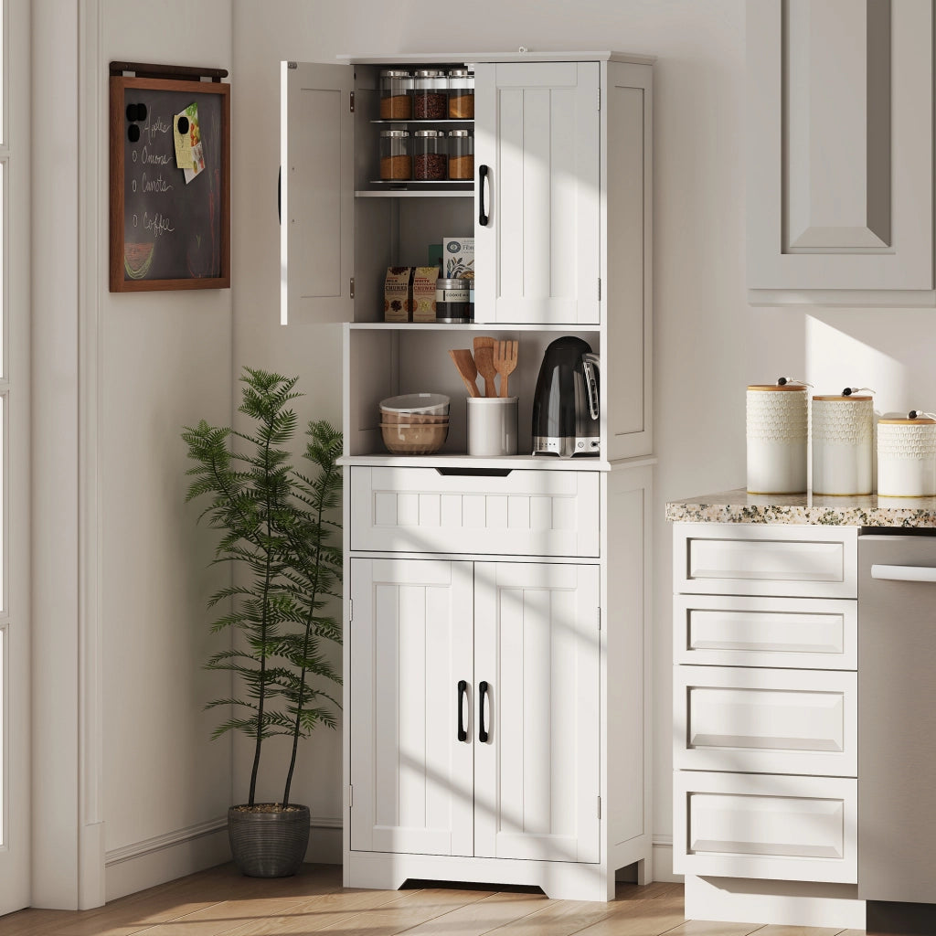 Credenza Cucina con 2 Armadietti e Cassetto, Piano Centrale Aperto e Ripiani Regolabili, Bianco