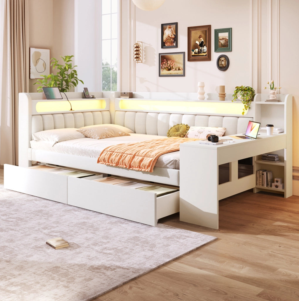 Letto imbottito 140x200 cm con LED; USB; scrivania e 2 cassetti in MDF e compensato bianco