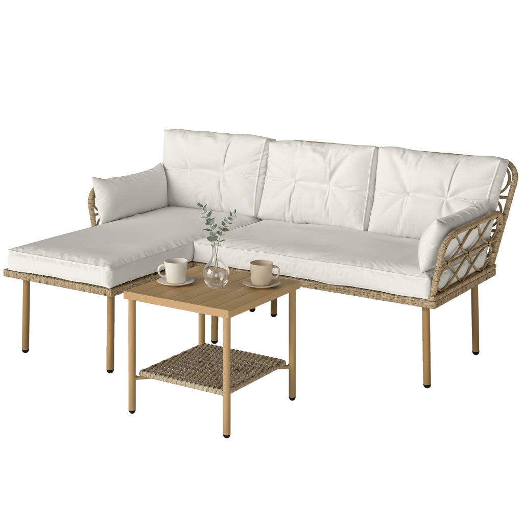 Set da Giardino 3pz con Chaise Longue, Divanetto, Cuscini e Tavolino, in Rattan e Acciaio, Bianco Crema e Legno