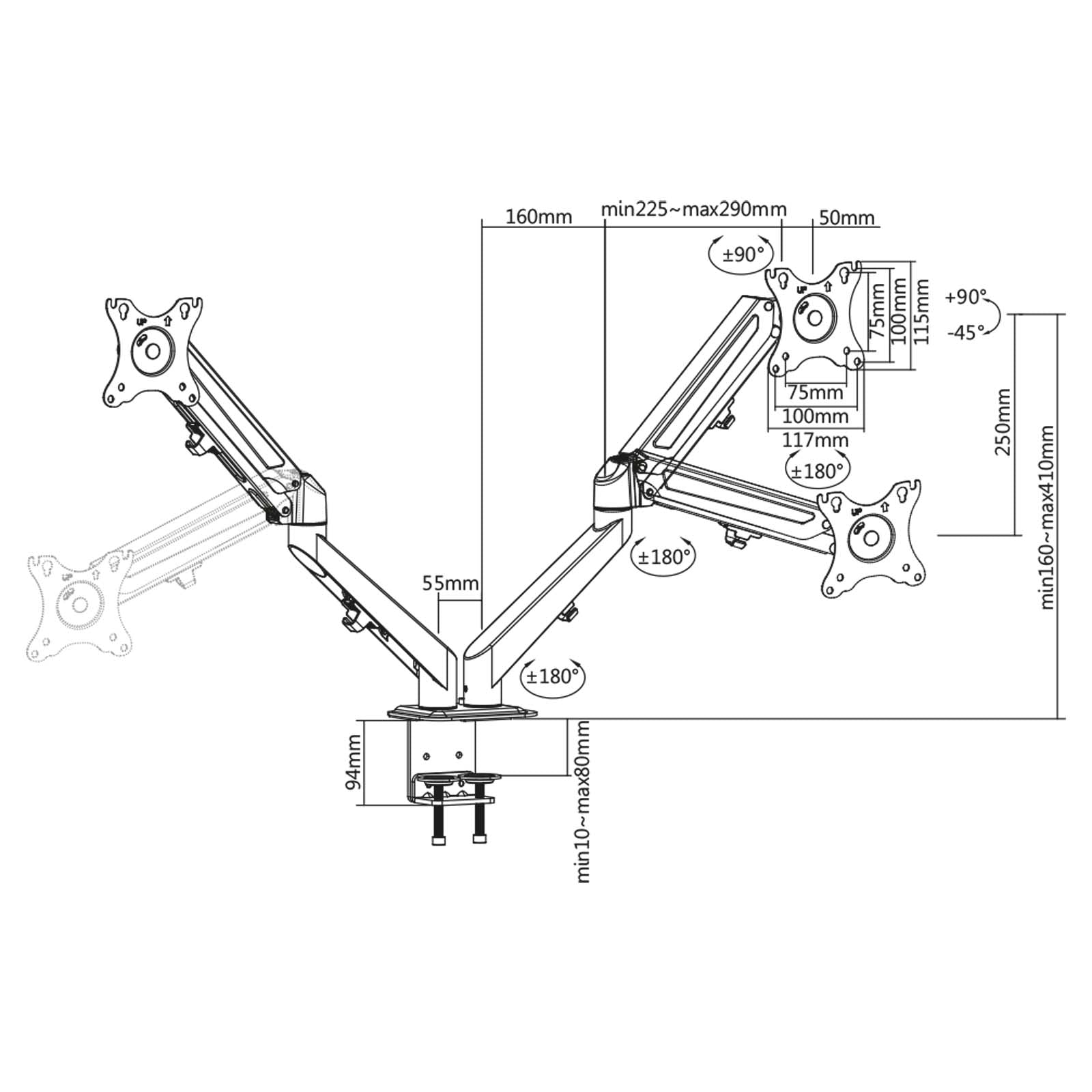 Braccio monitor da scrivania Supporto per 2 schermi da 17-27" conforme a VESA, con molla a gas