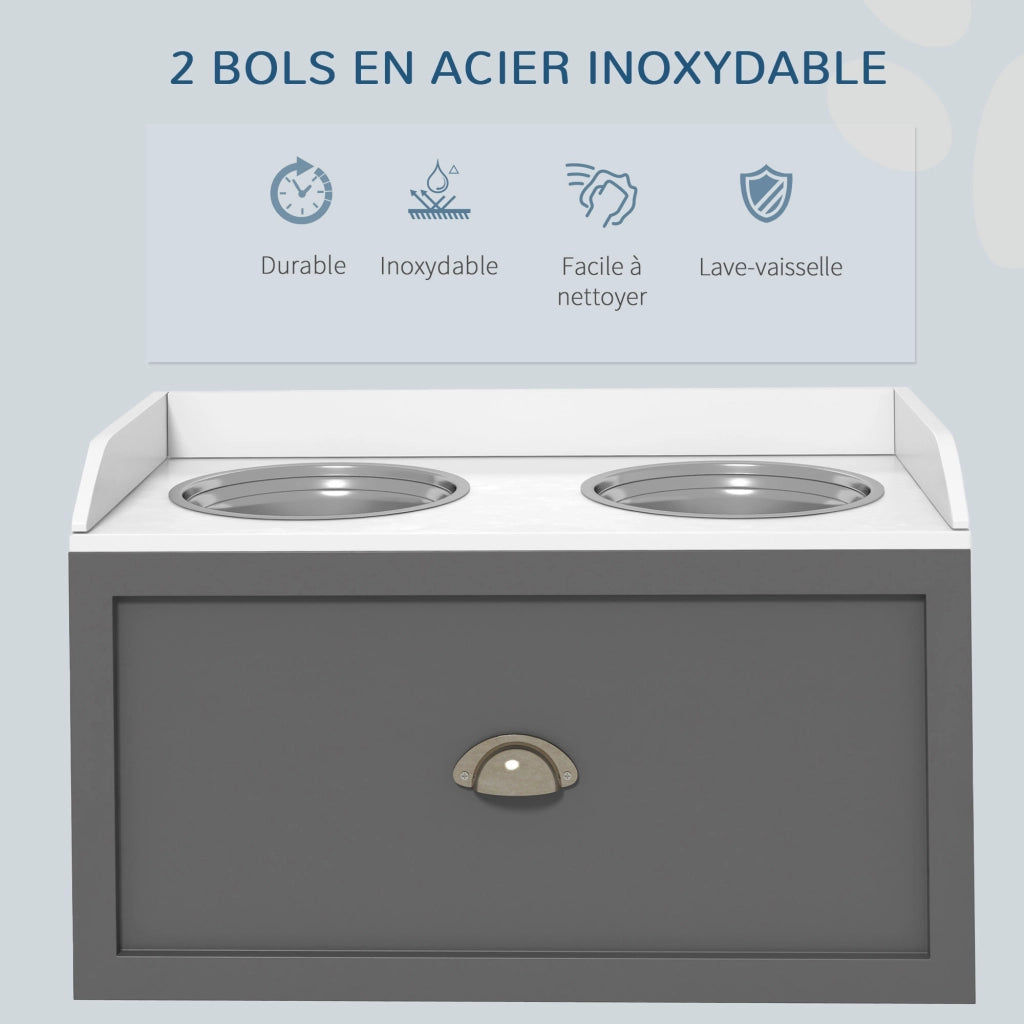 Ciotole rialzate per cani e gatti con cassetto portaoggetti ¨C Xylo ¨C acciaio inox, MDF bianco grigio