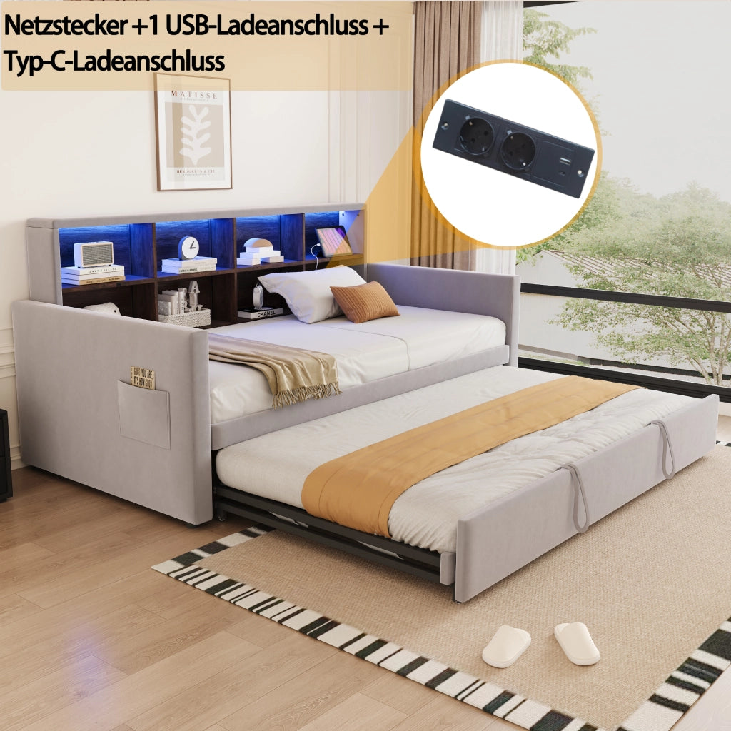OKWISH Letto Divano Letto Singolo, Cassetti, LED, USB e Tipo C, 90 x 190 cm, senza materasso, Velluto Grigio Chiaro
