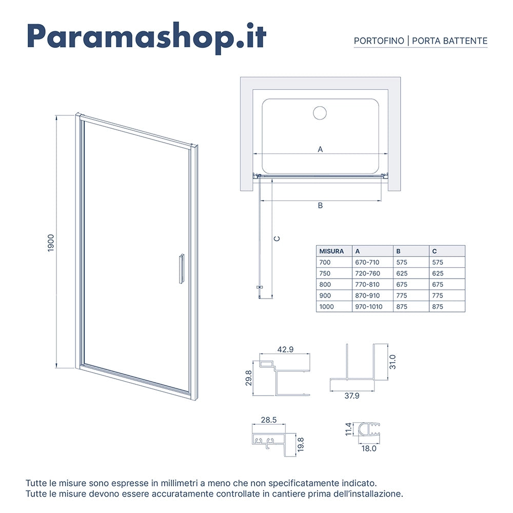 Porta doccia 90cm con apertura a battente profili slim nero opaco vetro 6mm trasparente h190 | Portofino